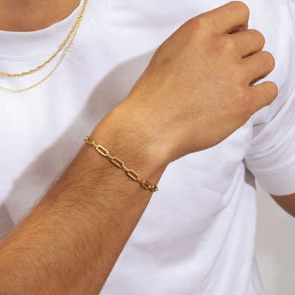 Tyler wearing our men's Honest Gold Bracelet in sterling silver overlaid with 18ct gold