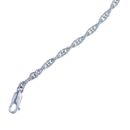 Close up of our men's Silver Rope Bracelet in sterling silver featuring a durable lobster clasp and interwoven links which echo the design of traditional, nautical ropes