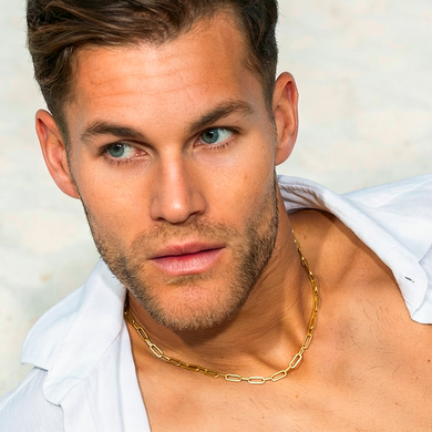 Tyler wearing our men's Honest Gold Chain in sterling silver overlaid with 18ct gold