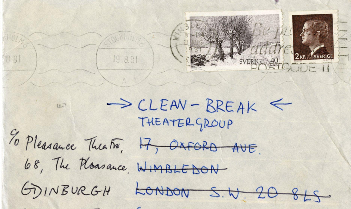 A scan of a envelope white was addressed to the Pleasure Theatre.