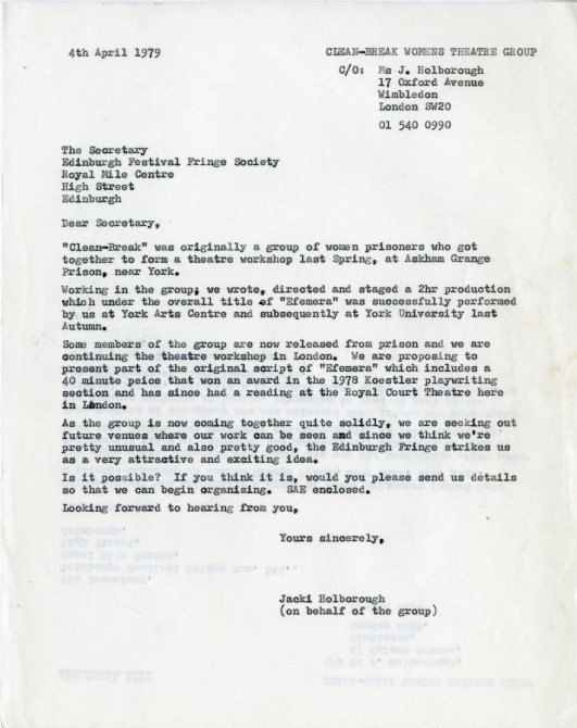 A scan of a Letter from Jacki Holborough to Edinburgh Festival Fringe Society, 1979 which is in our archive collection.