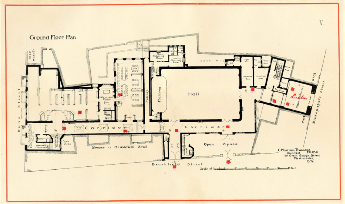 The final ground floor plan for Bishopsgate Institute, made by Charles Harrison Townsend.