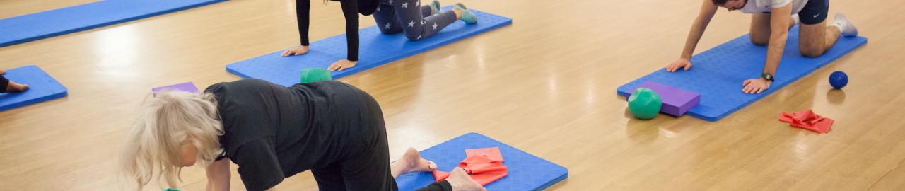A pilates class at Bishopsgate Institute. Students are on hands and knees on yoga mats. There are also yoga bands and cushions in the room.