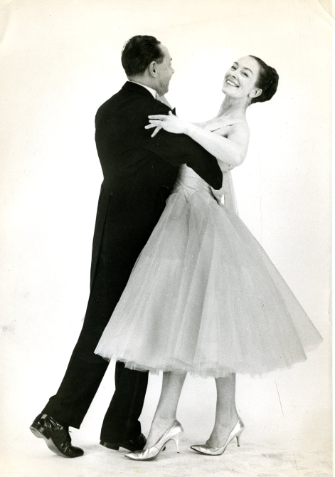 A black and white photo of Peggy Spencer and her husband Frank dancing.