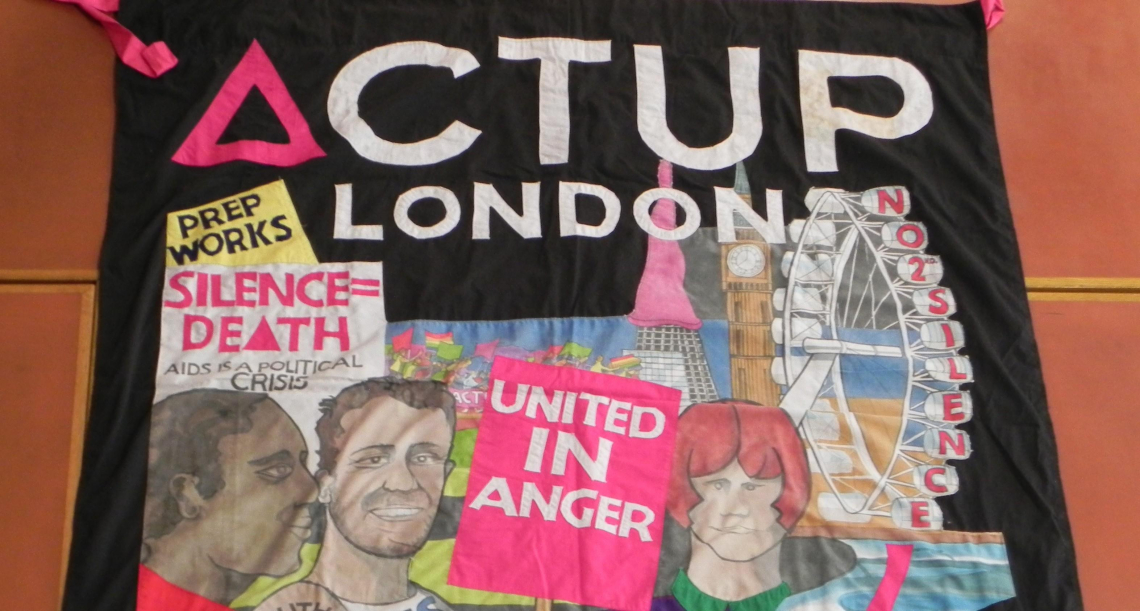A poster from the Act Up London Archive with drawings of people in London on. They are holding signs such was "United in Anger" and "Silence = Death".