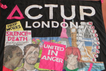 A poster from the Act Up London Archive with drawings of people in London on. They are holding signs such was "United in Anger" and "Silence = Death".