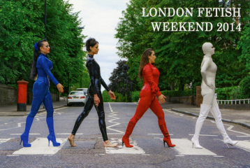 A photo recreating the Beatles image along Abbey Road, but this image is of four people wearing leather suits. At the top of the image it says: "London Fetish weekend 2014".