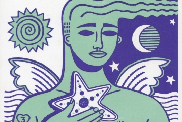 A cover for Square Peg magazine, that has a drawing of a mystical creature on the cover, shown in green. They are holding a star and have wings. Behind them are waves, and on one side is the sun and the other the moon. "Square" is at the top of the illustration and "Peg" is at the bottom.