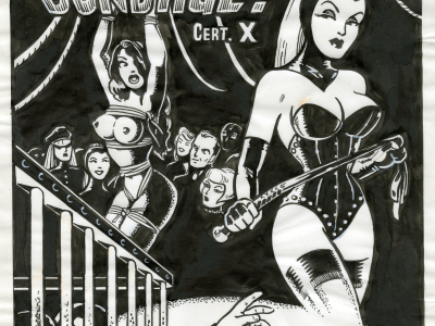 A black and white illustration by Vince Ray of a woman in bondage gear and a woman in leather wear, with an audience watching. The text says: "The playtime perverts at the night of bondage".
