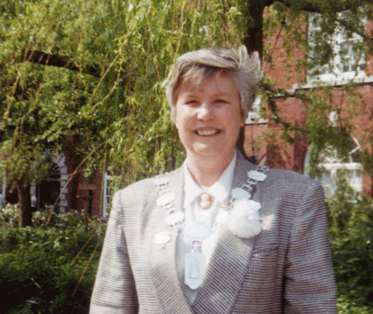 A photograph of Sue King, smiling. She has short hair and is wearing a grey plaid suit.