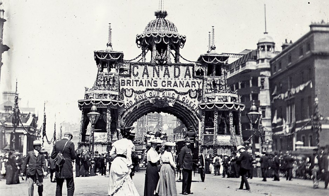 Structure decorated to represent Canada at coronation of George V in 1911