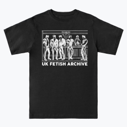 Illustration of a group of men in leather stood at a bar with the words "The Leather Bar" above. In white, on a black T-shirt from the UK Fetish Archive Merch.