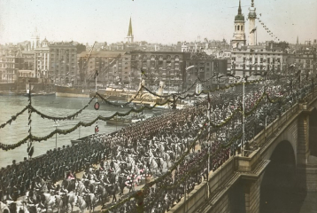Tinted image of the Diamond Jubilee procession crossing London Bridge in 1897