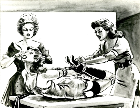 Fetish illustration by the artist Mory. It depicts two women in maids outfits, stood flanking a woman hogtied on a table.