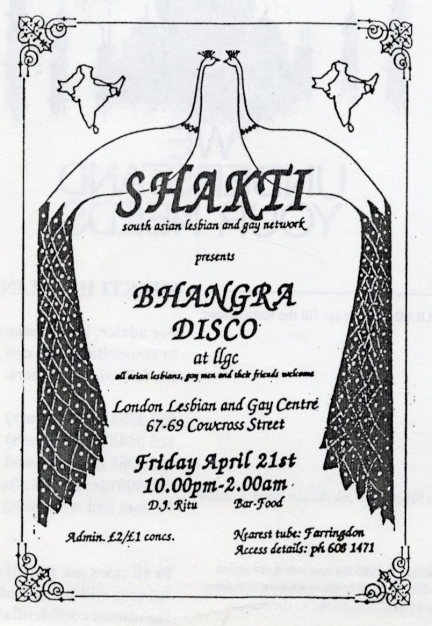 A copy of a poster. It says "Shakti presents Bhangra Disco. all asian lesbians, gay men and their friends welcome"