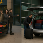 A pre-booked minicab outside a concert arena, and another cab outside of airport departures