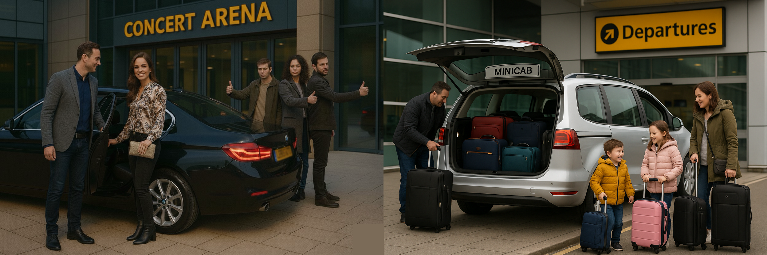 A pre-booked minicab outside a concert arena, and another cab outside of airport departures