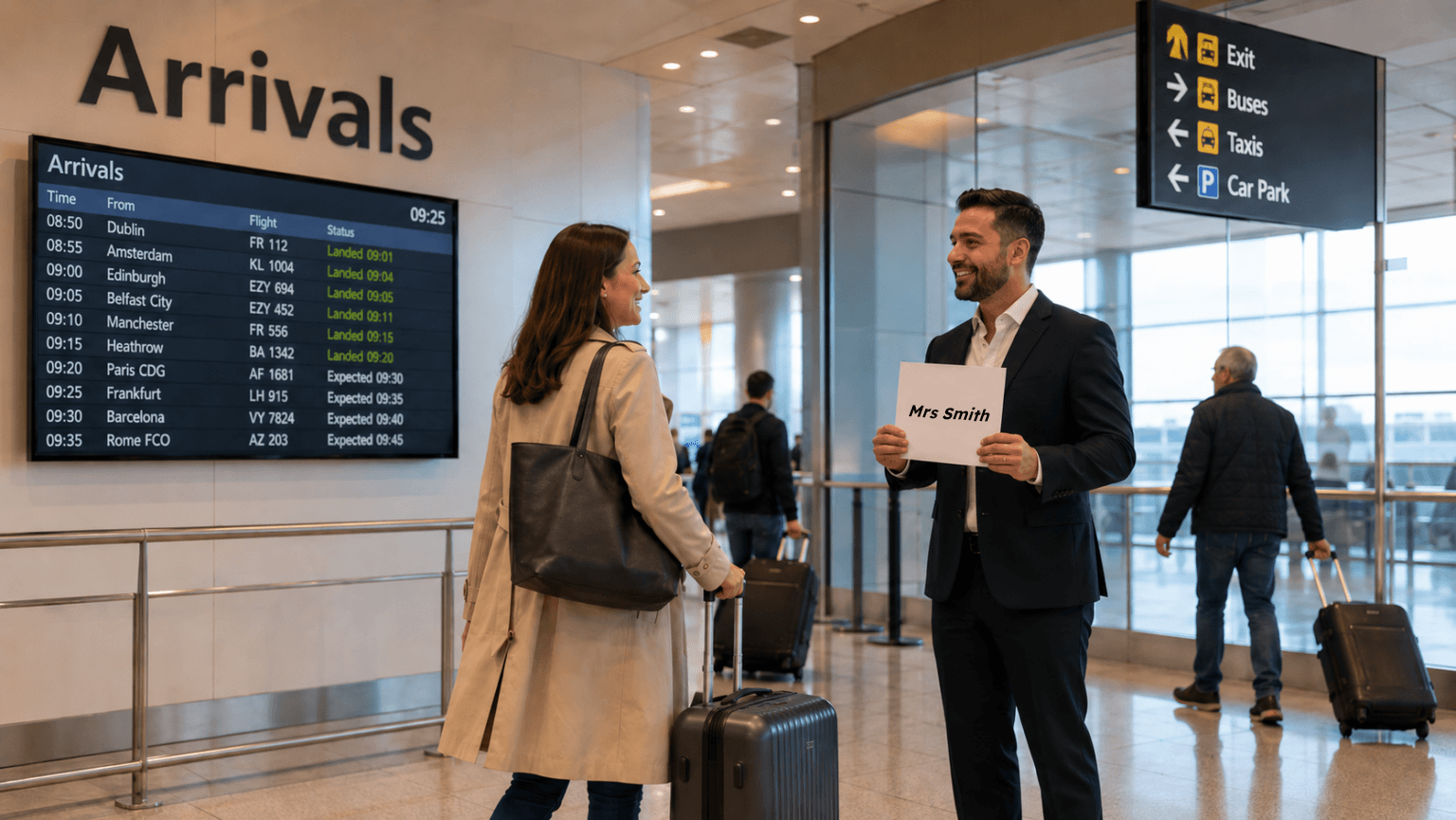 minicabit vs Uber. A minicabit driver holding a name sign and picking up a customer at arrivals.