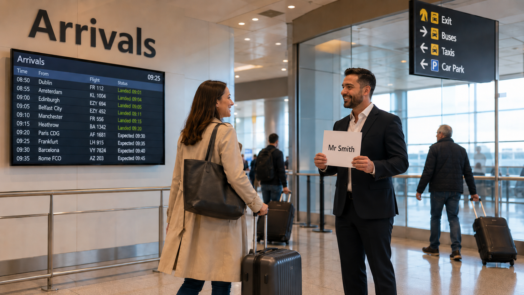 minicabit vs Uber. A minicabit driver holding a name sign and picking up a customer at arrivals.