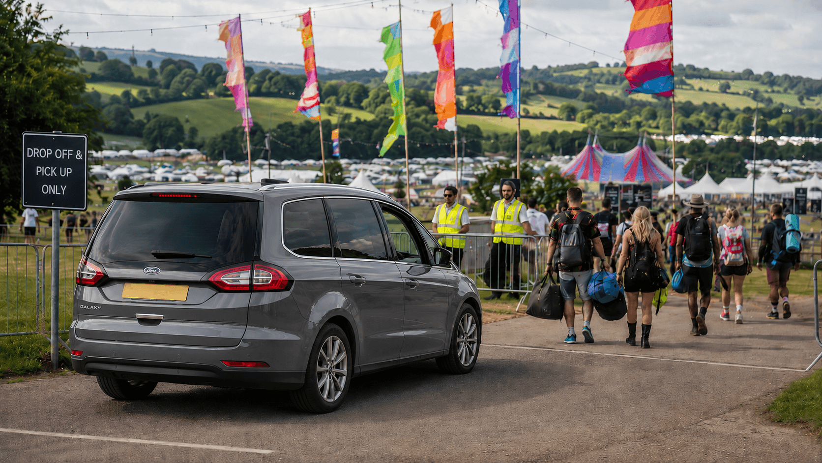 Taxi dropping off people at a festival in the UK