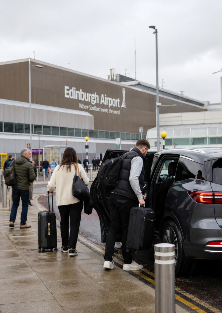 minicab dropping off people at Edinburgh Airport