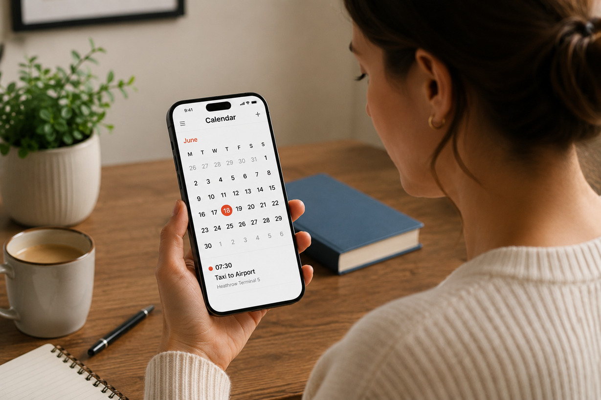 How far in advance should you book a taxi? A lady looking at her iPhone calendar to book a taxi to the airport