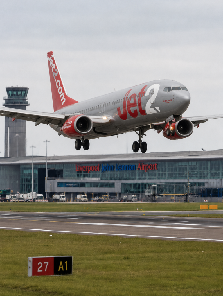 Plane landing at liverpool airport