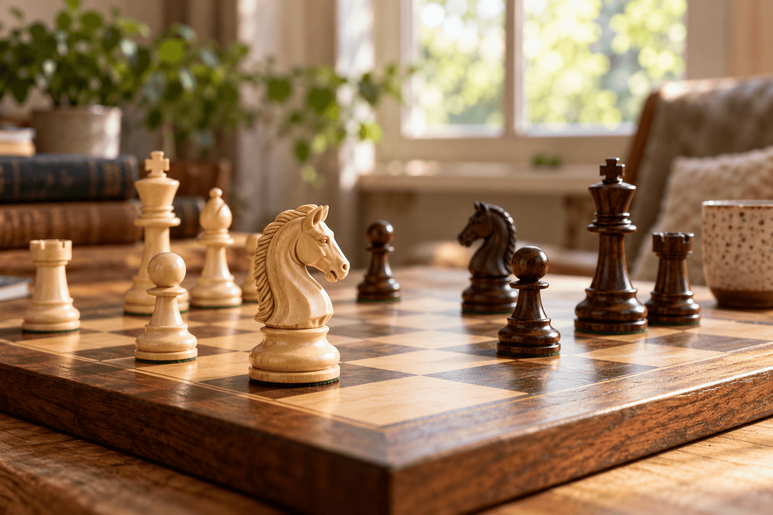 Wooden chess pieces on a sunlit chessboard, with an ivory knight in the foreground