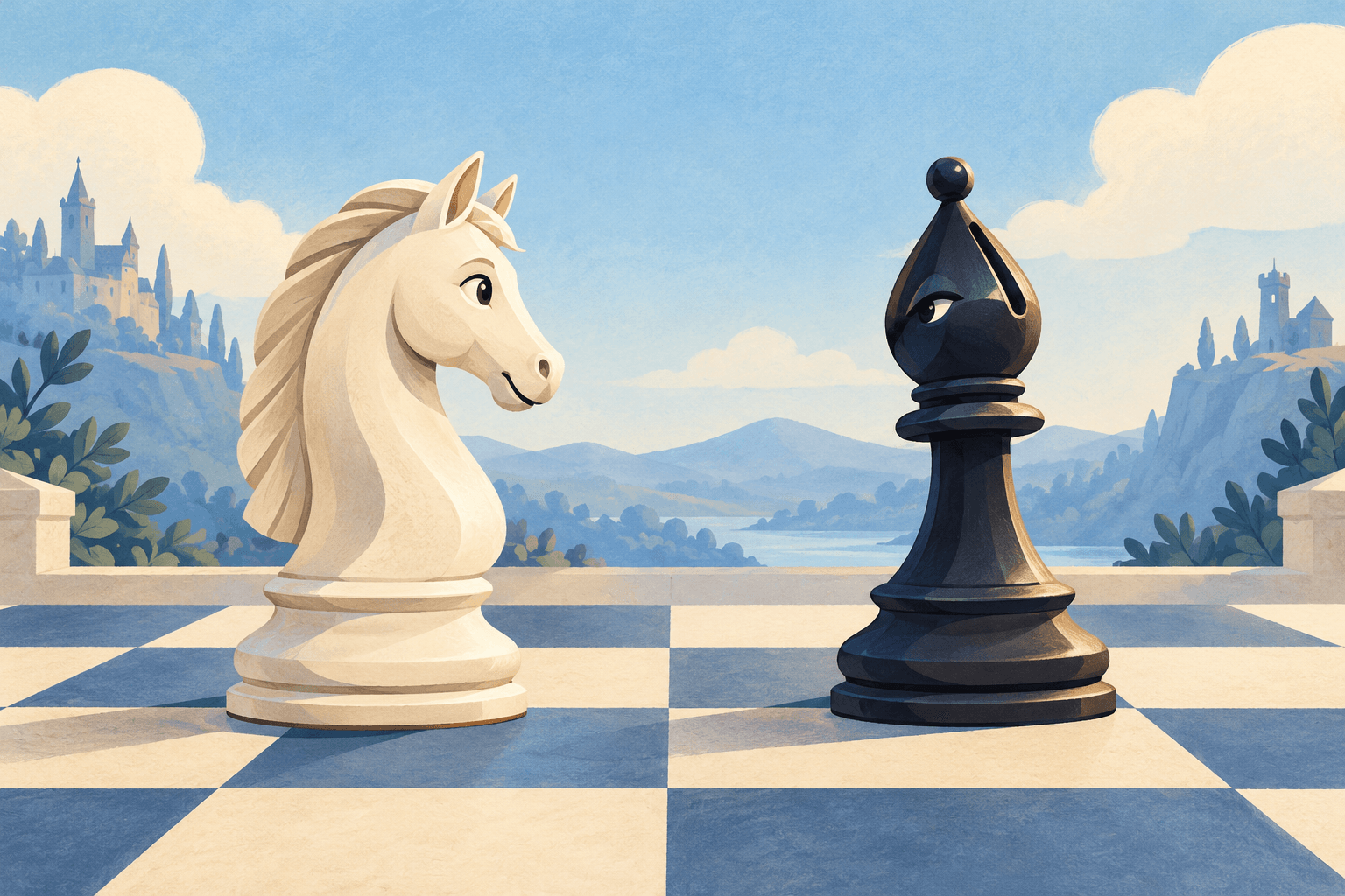 A white knight and a black bishop on a blue and cream chessboard