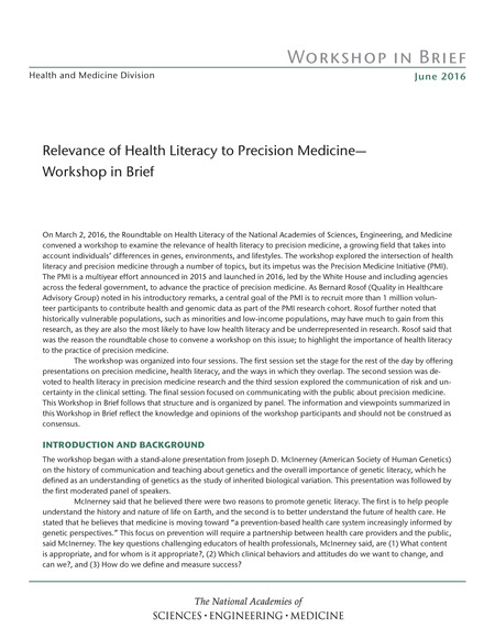 Cover of 'Relevance of Health Literacy to Precision Medicine'