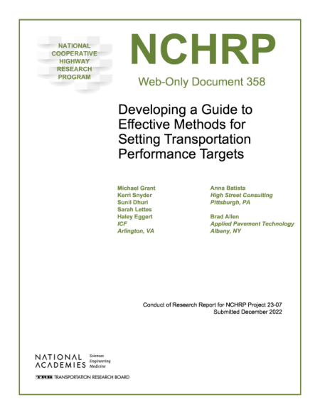 Cover of 'Developing a Guide to Effective Methods for Setting Transportation Performance Targets'