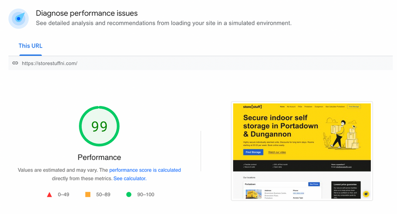 StoreStuff - example of a Stora website's performance in Google Page Speed Insights