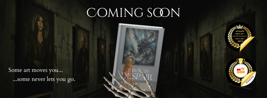 Through Despair by Kelly Jackson — a shadowy gallery of haunted portraits with the novel's cover at its centre