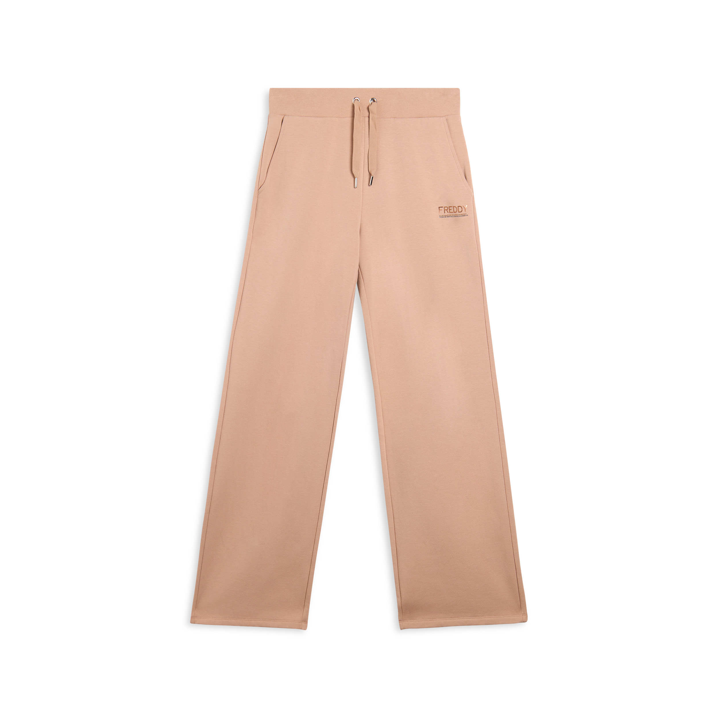 Pantaloni wide leg da donna con logo in strass bicolore