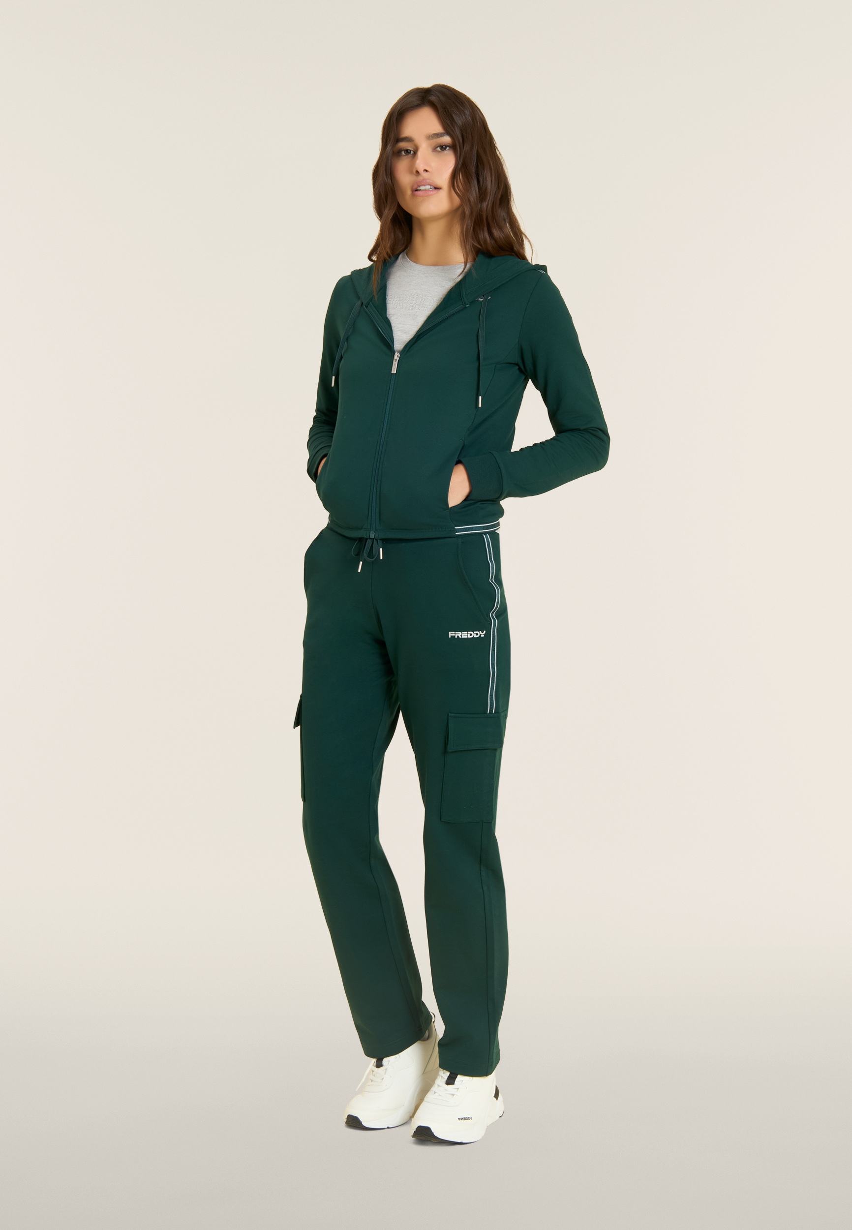 Felpa cropped con cappuccio e zip, inserti elastici logati