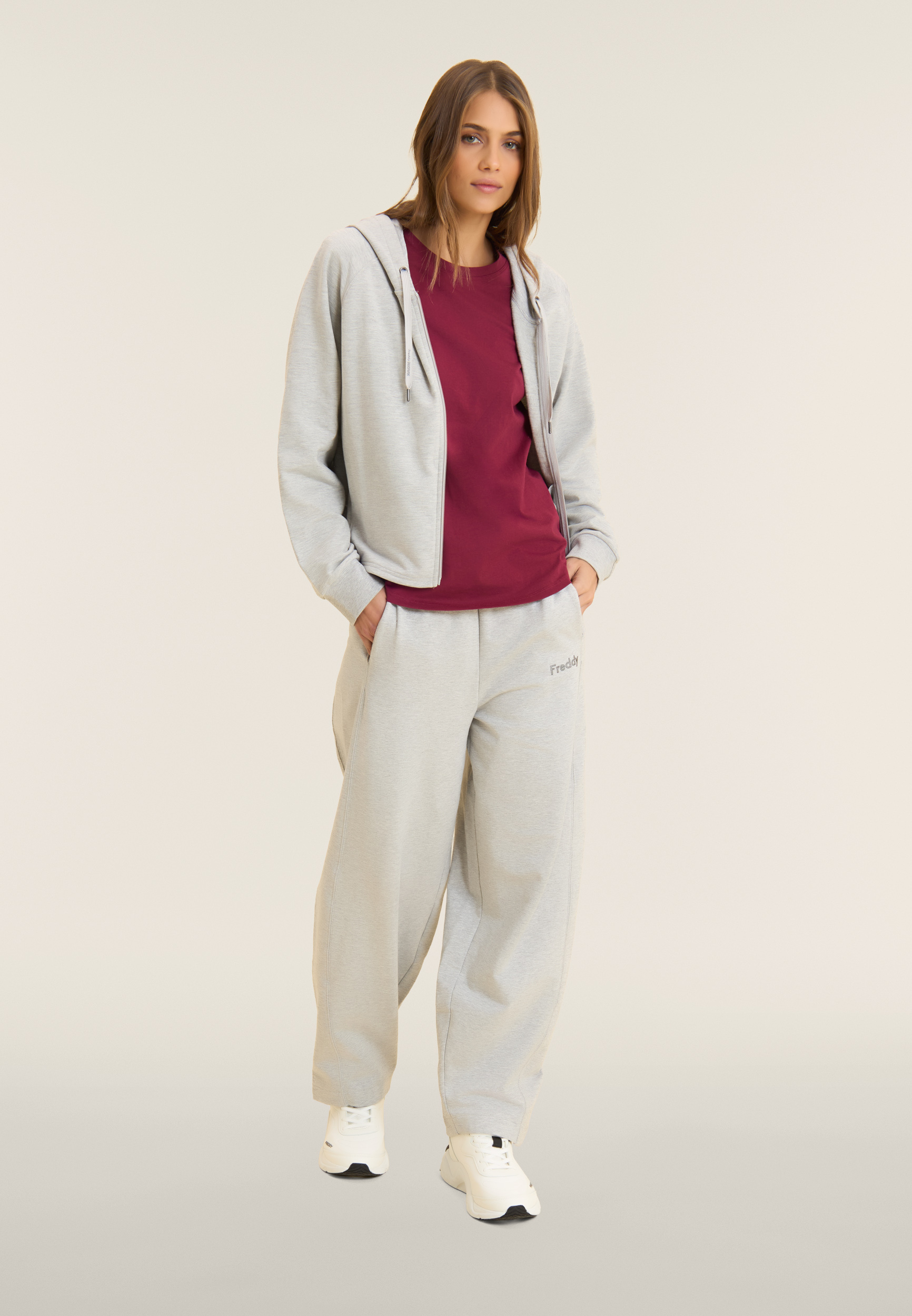 Felpa boxy cropped mélange donna con zip e cappuccio