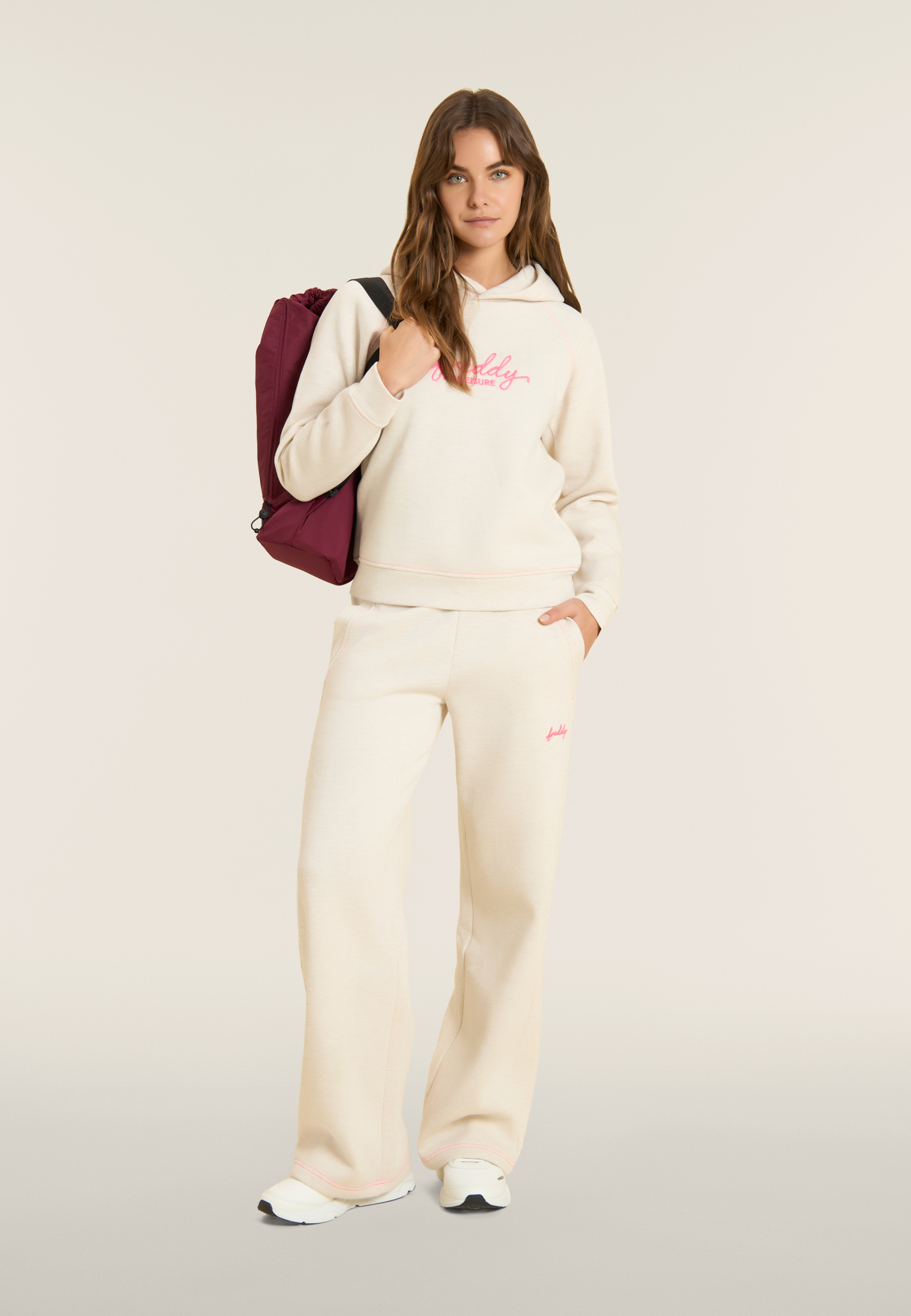 Felpa Comfort Mélange da Donna con Cappuccio e Ricamo Fluo