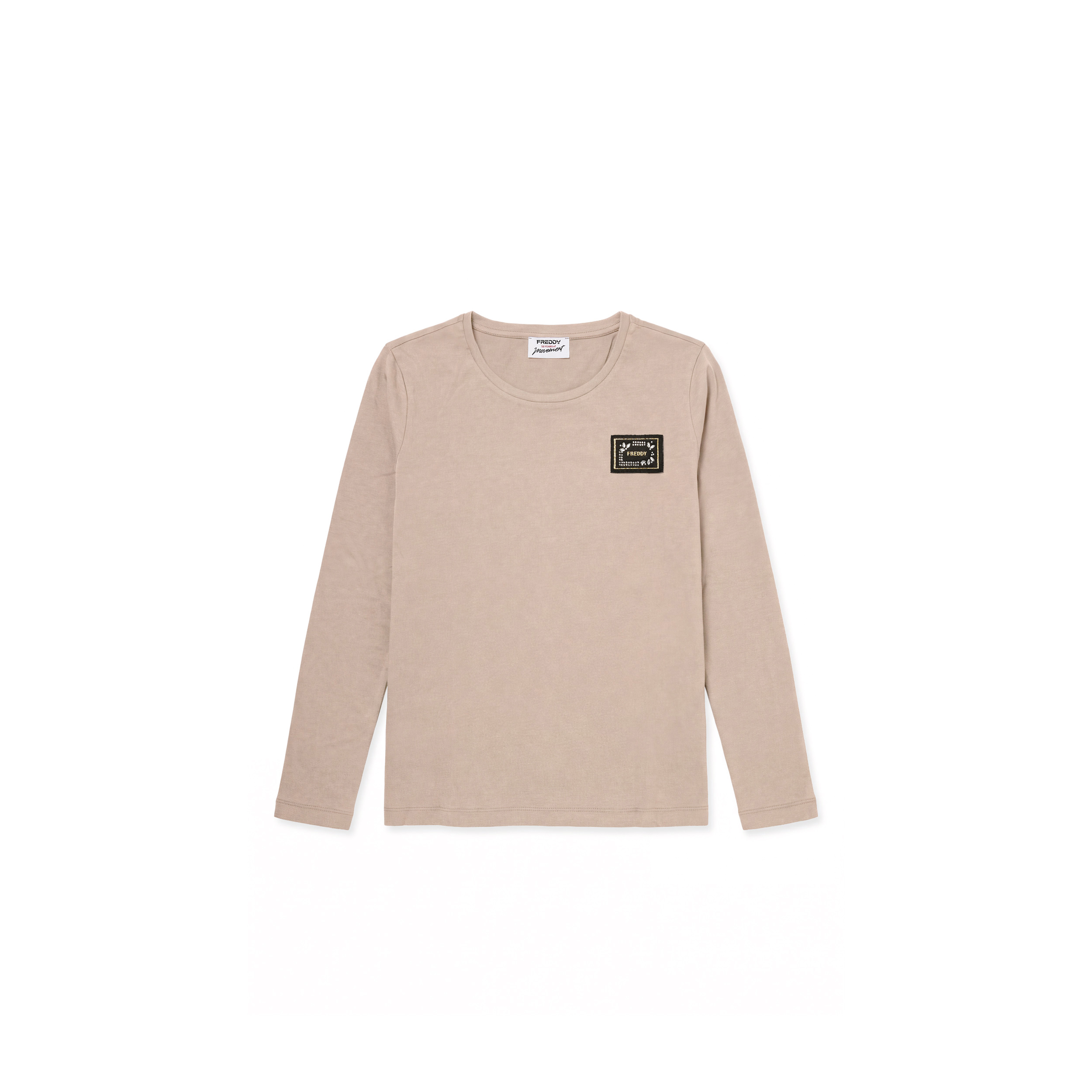 T-shirt manica lunga in cotone e modal con patch e strass