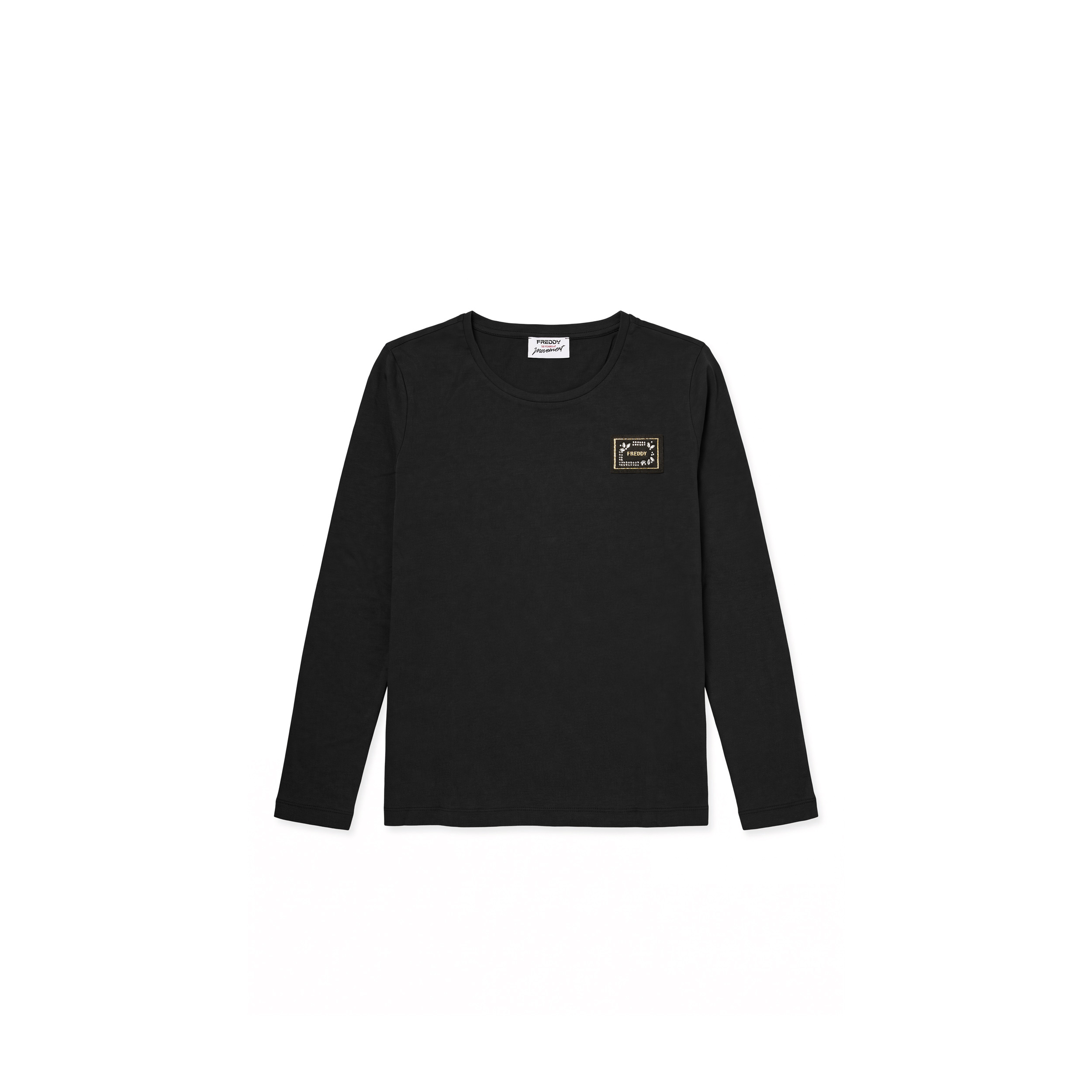 T-shirt manica lunga in cotone e modal con patch e strass