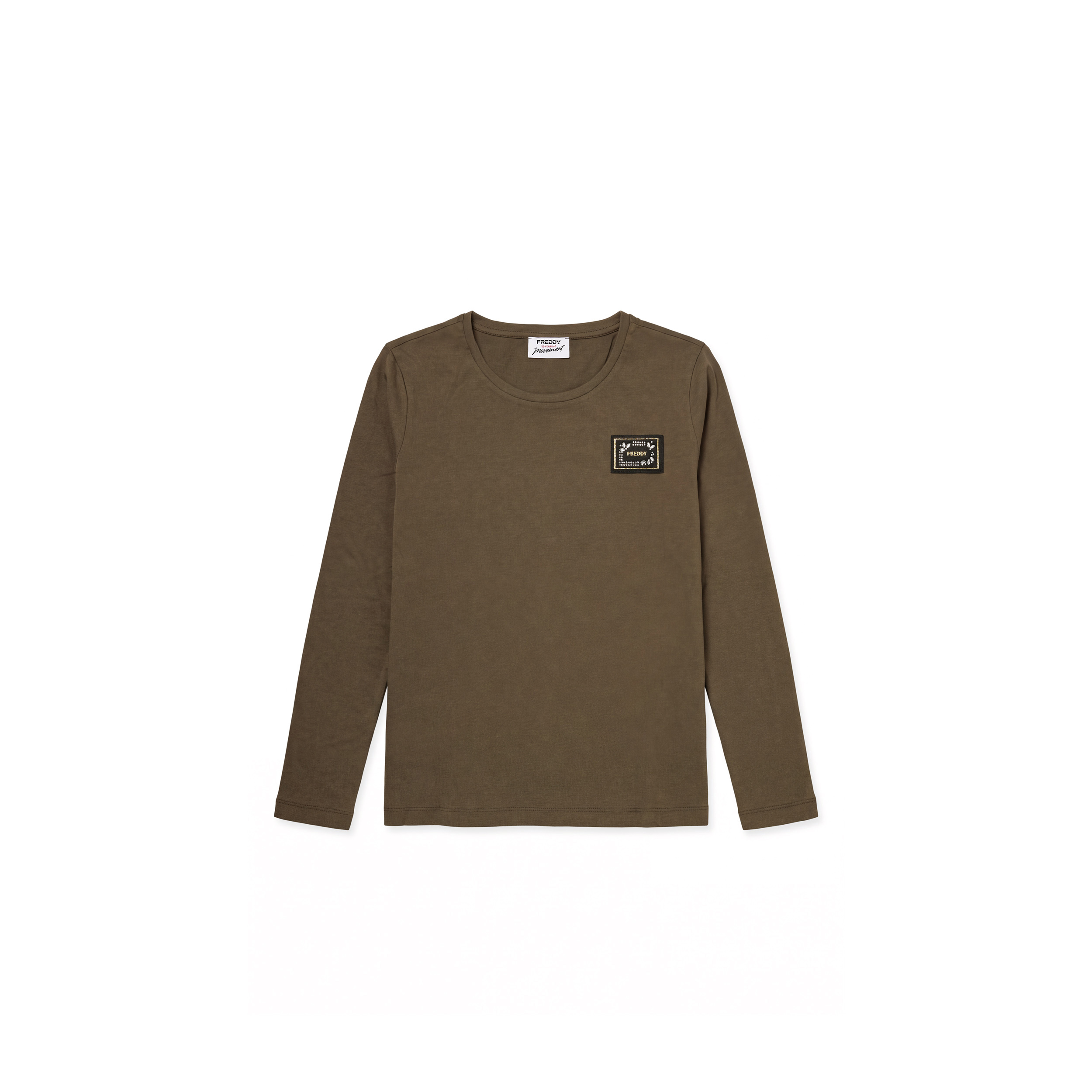 T-shirt manica lunga in cotone e modal con patch e strass