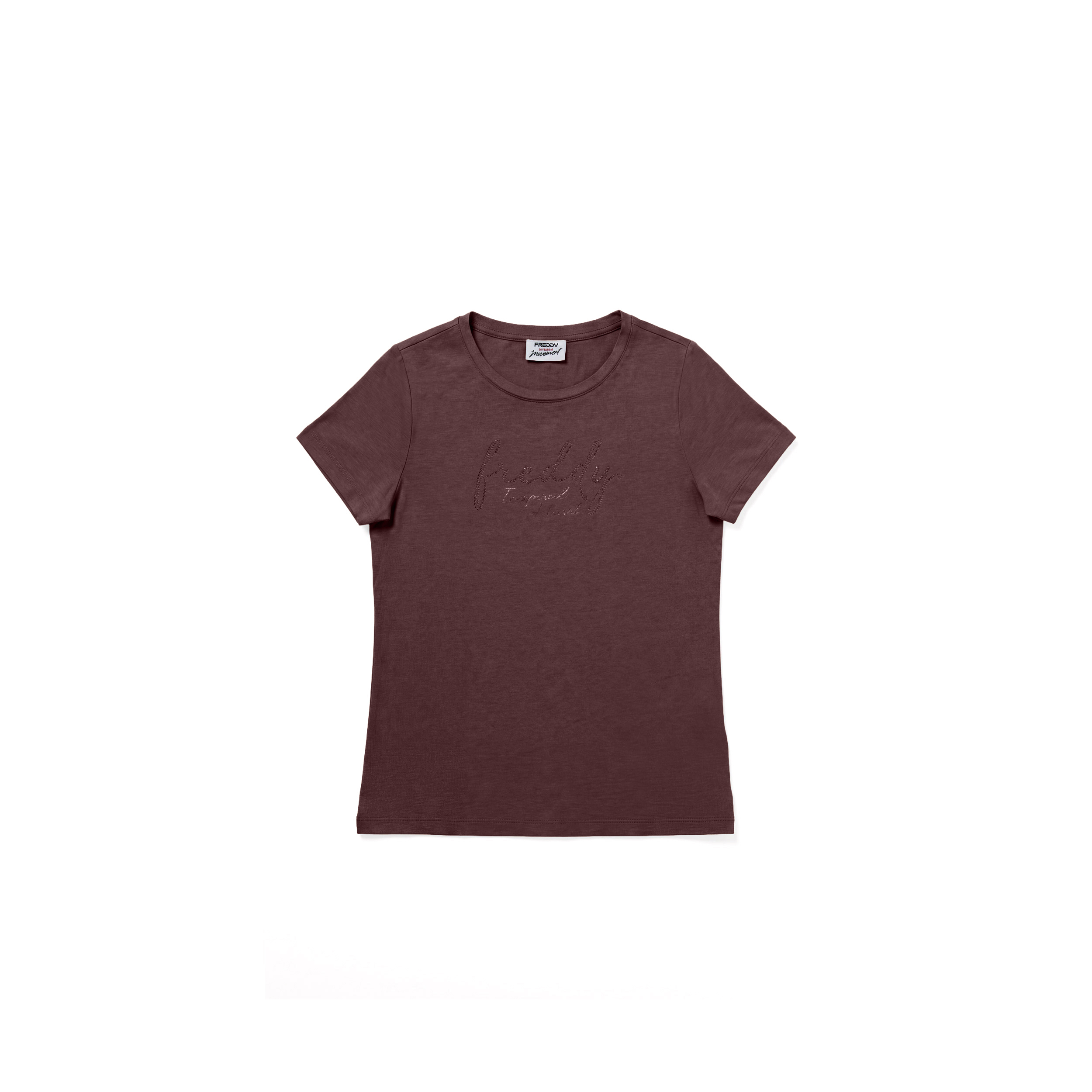 T-shirt donna girocollo con grafica dorata e fondo stondato