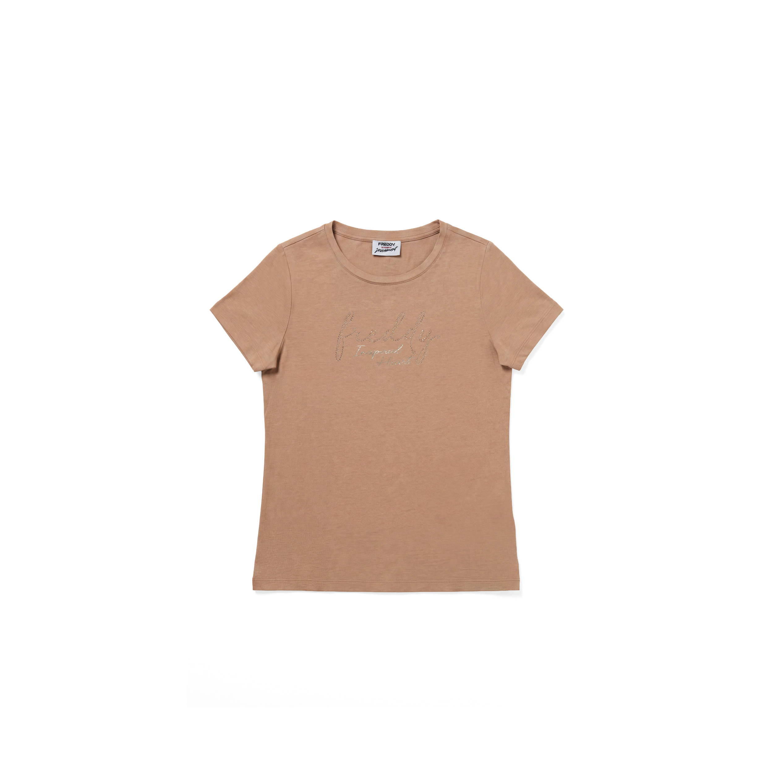 T-shirt donna girocollo con grafica dorata e fondo stondato