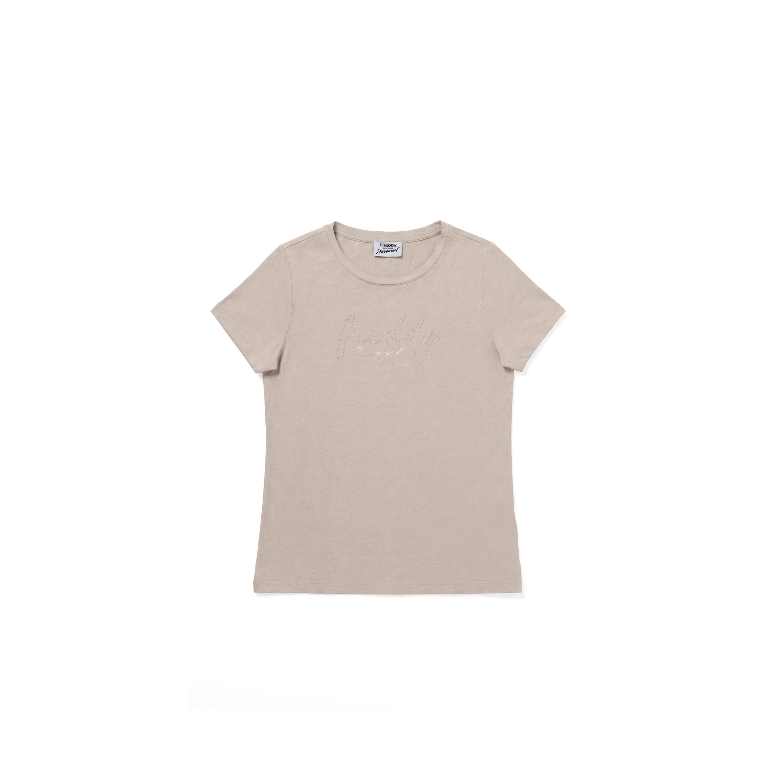 T-shirt donna girocollo con grafica dorata e fondo stondato