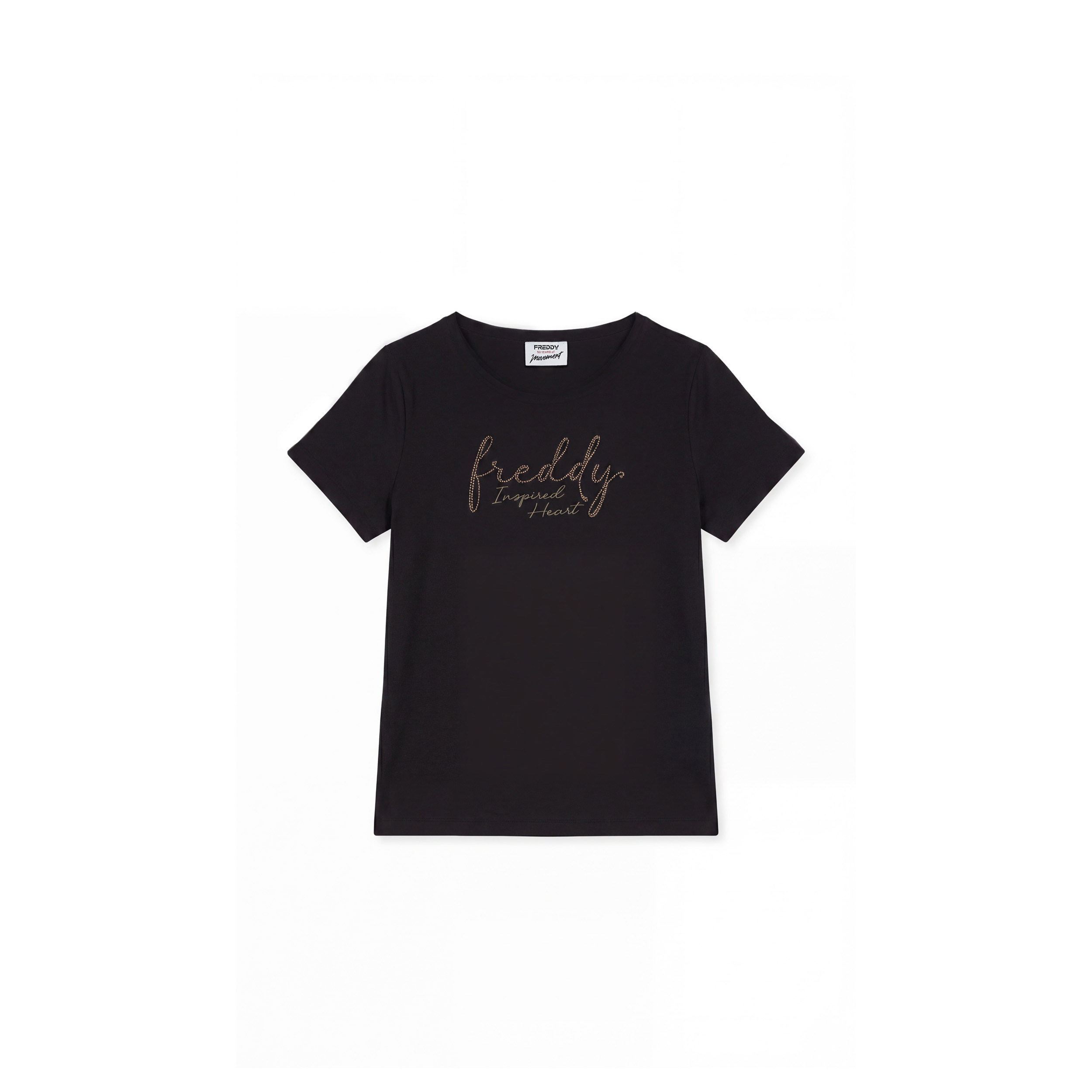 T-shirt donna girocollo con grafica dorata e fondo stondato
