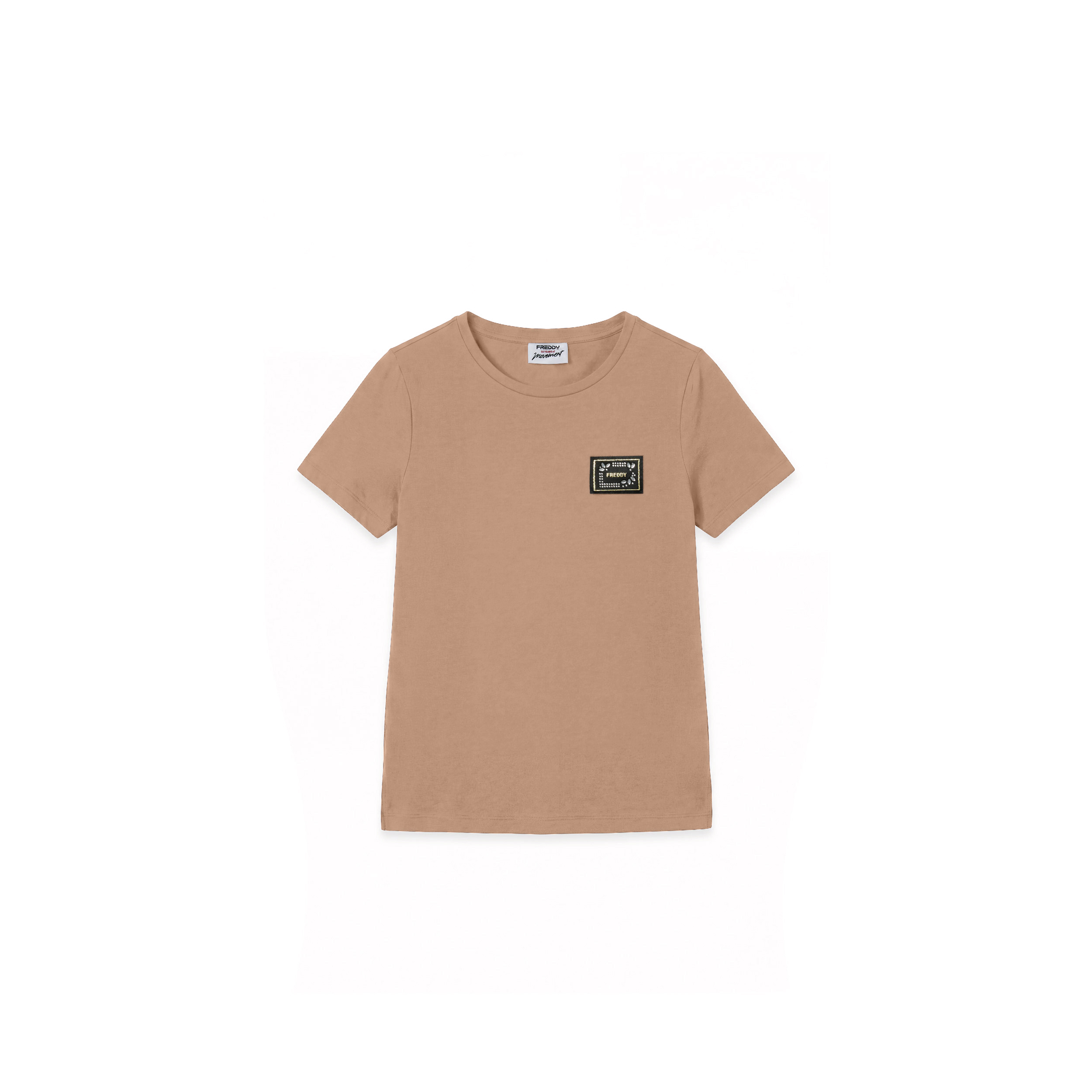 T-shirt girocollo in cotone e modal con patch e strass