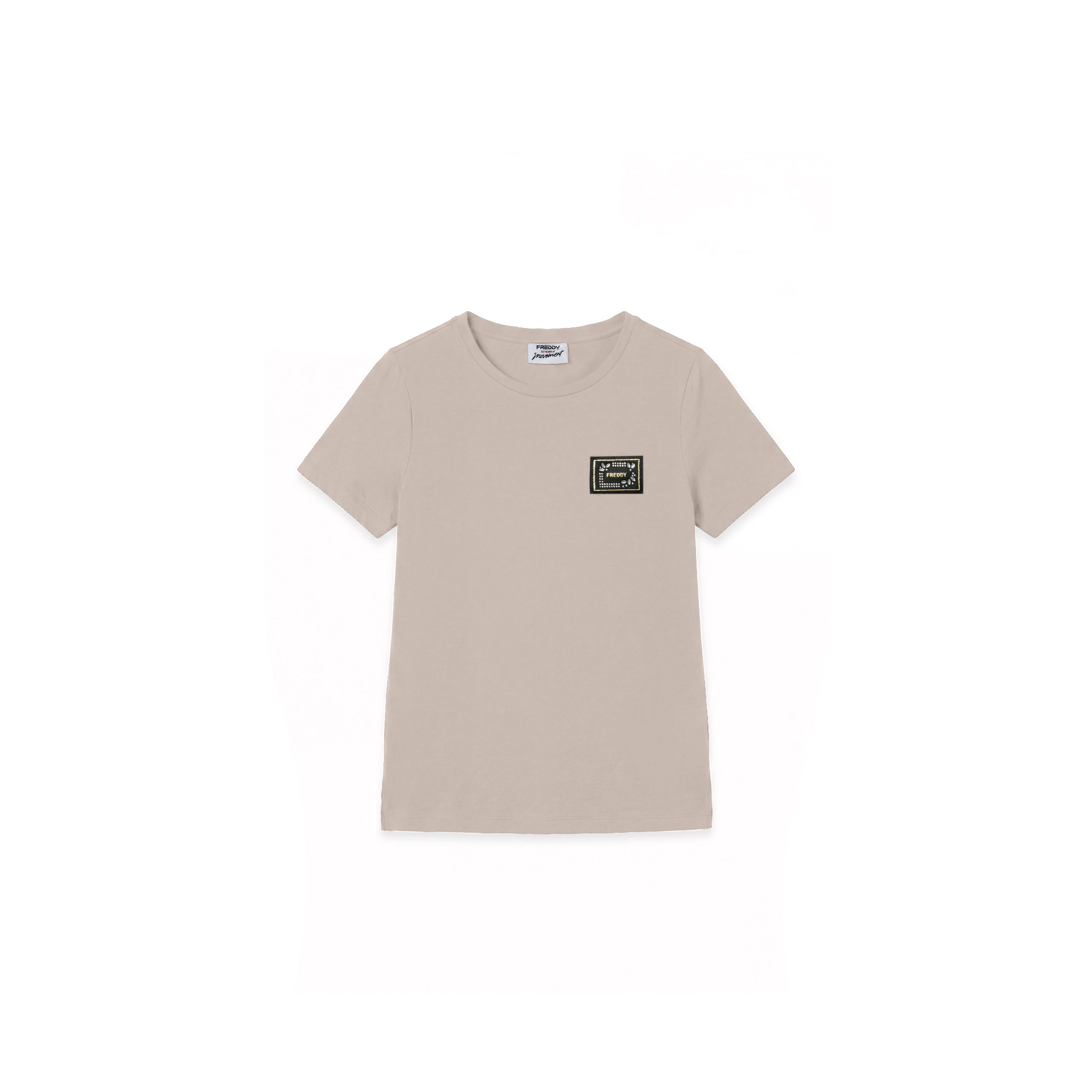T-shirt girocollo in cotone e modal con patch e strass