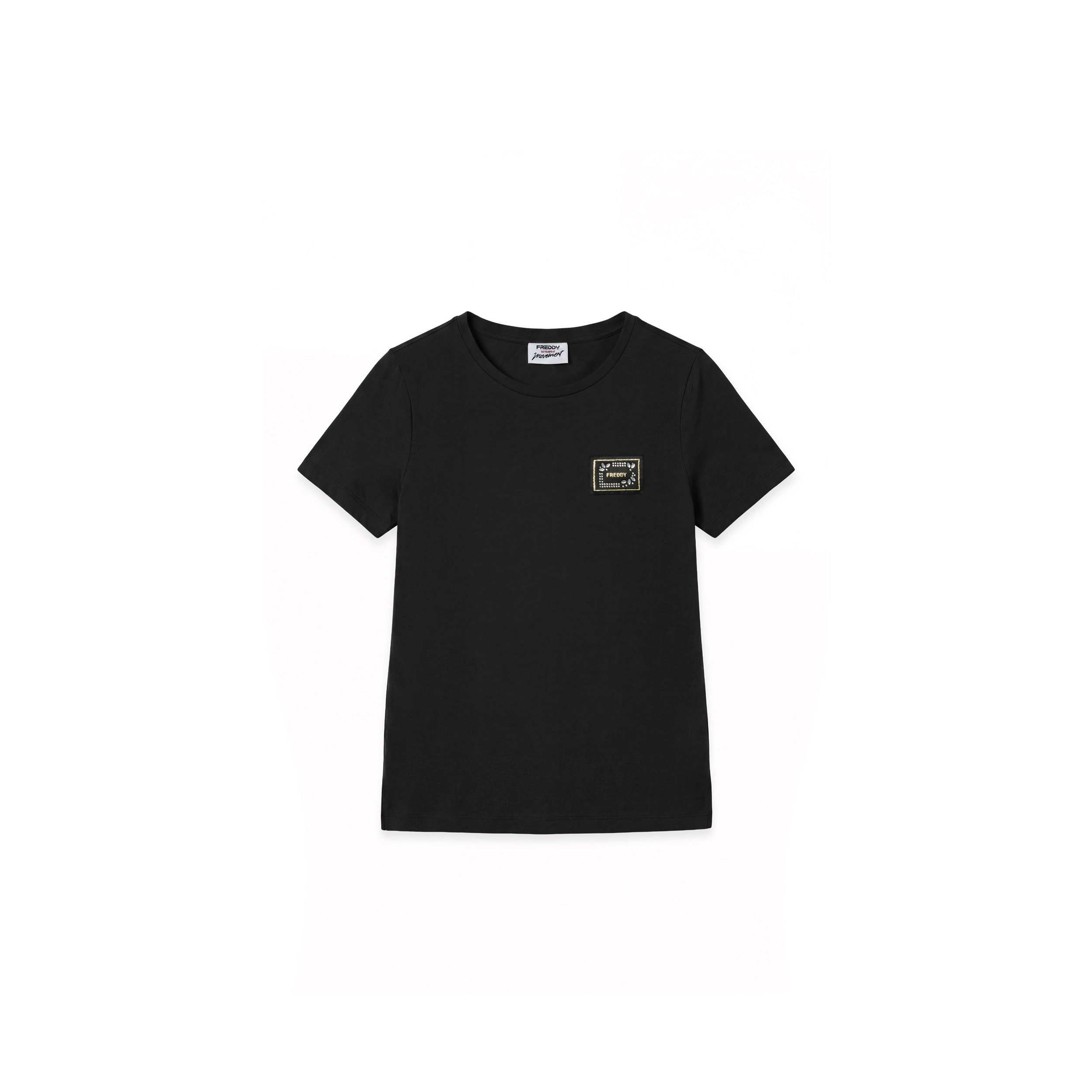 T-shirt girocollo in cotone e modal con patch e strass