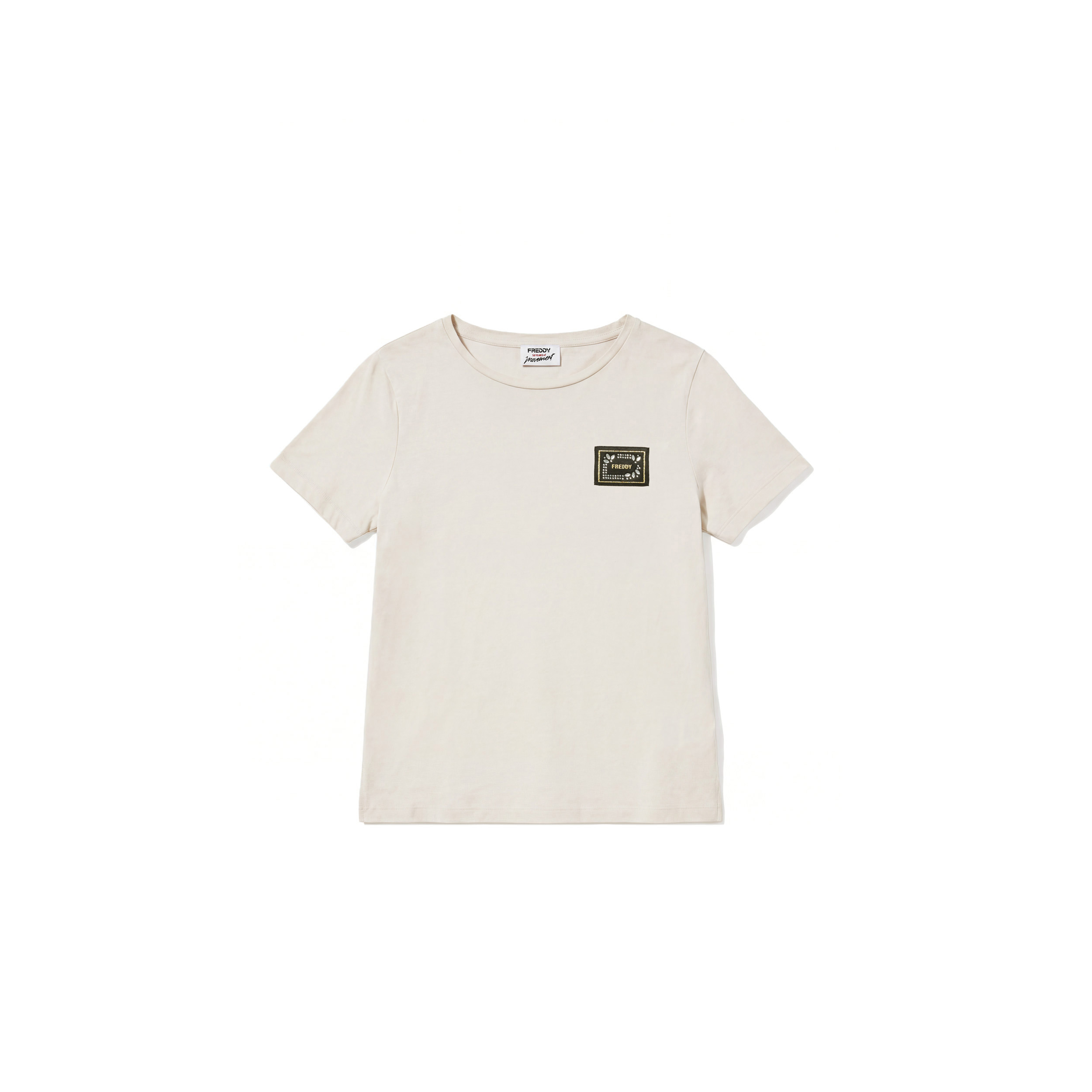 T-shirt girocollo in cotone e modal con patch e strass
