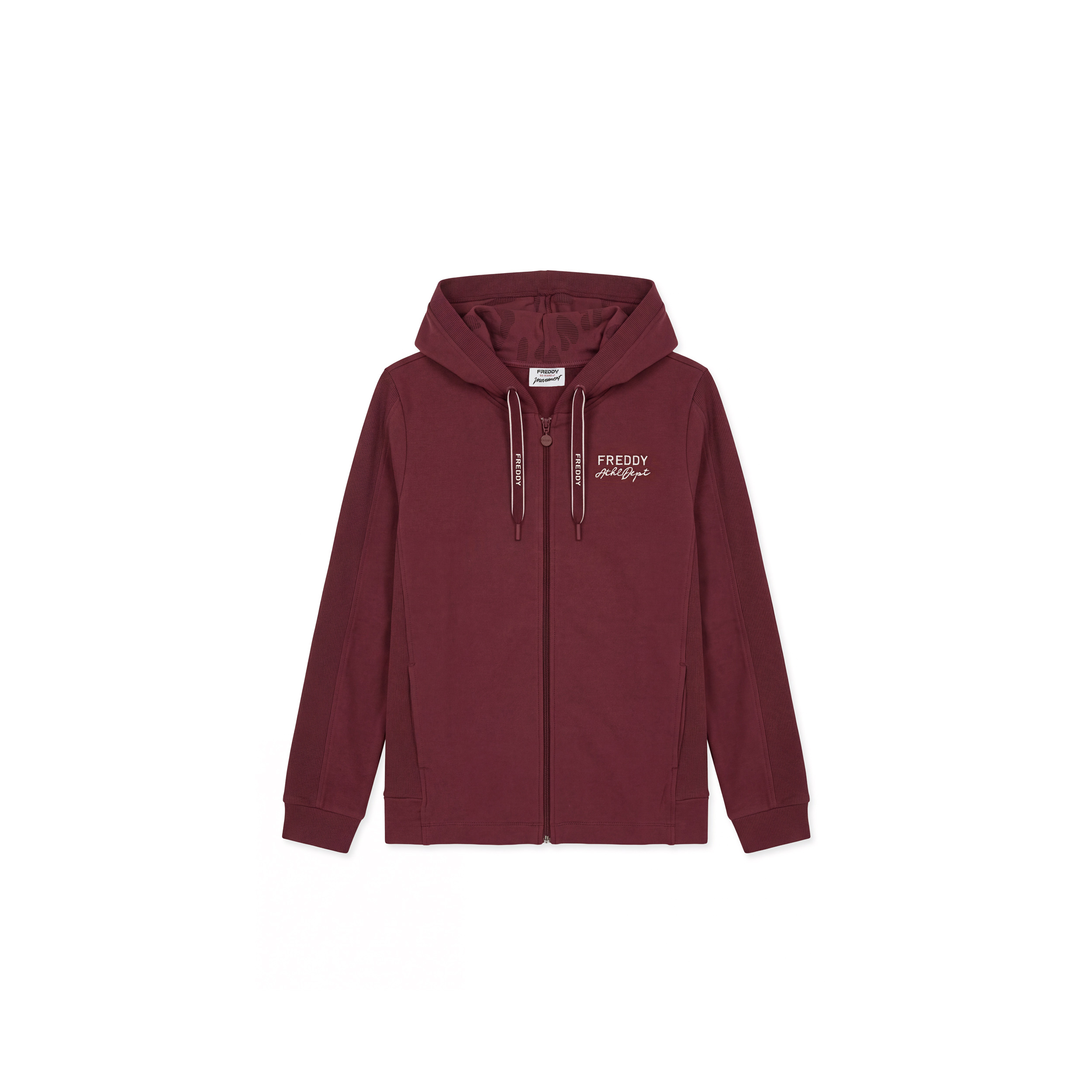 Felpa donna zip e cappuccio con inserti in costina