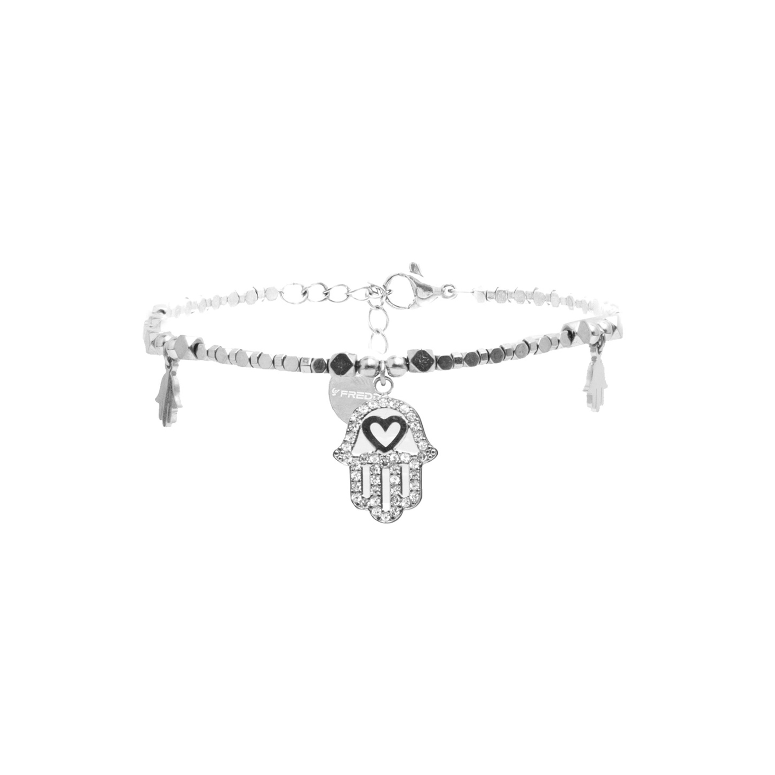 Bracciale in acciaio argentato con pendenti e strass